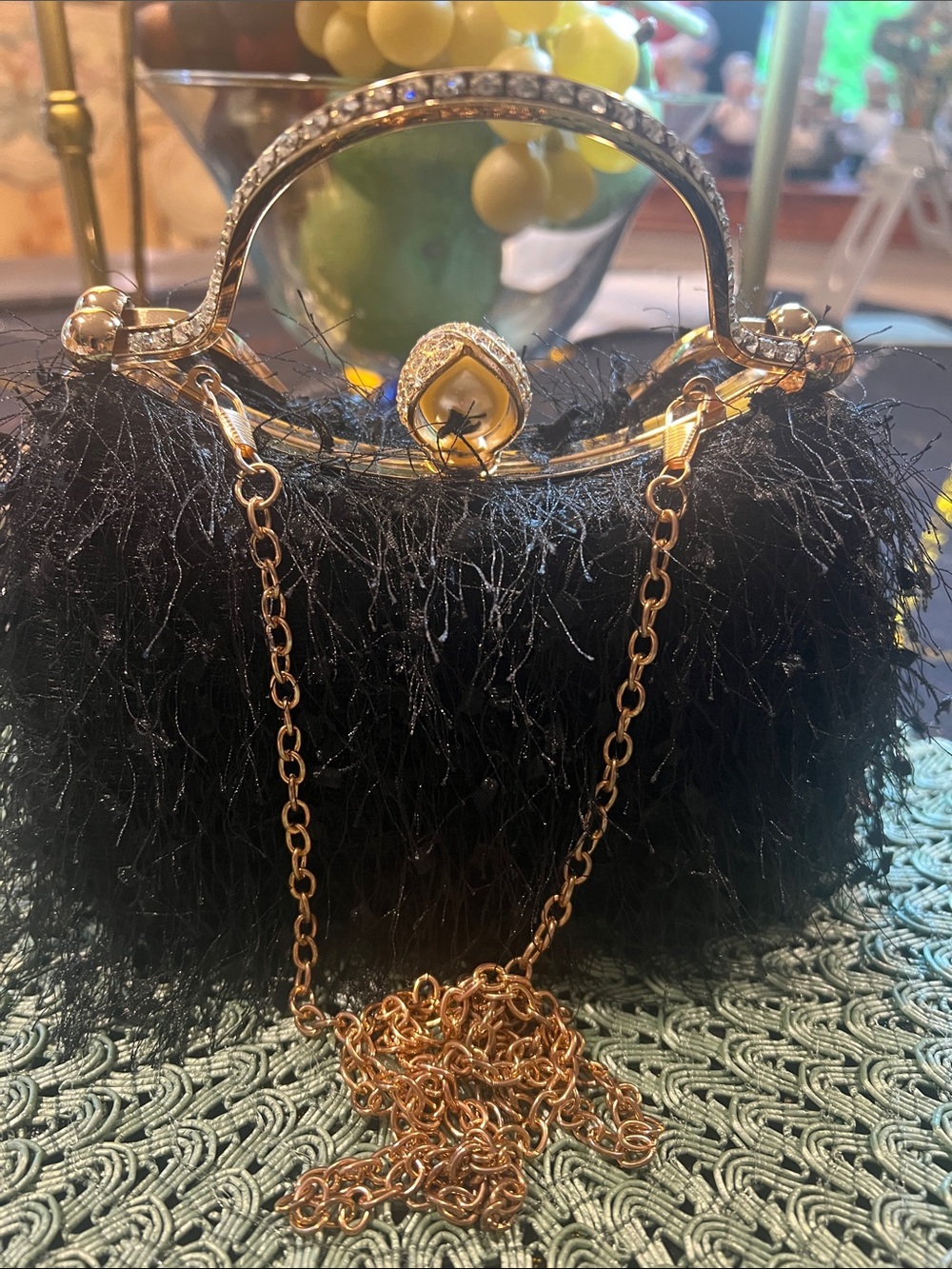 NWOT Gold Crystal and Pearl Trim Black Feather Evening Bag, clutch or shoulder